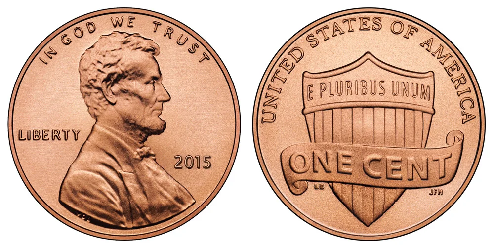 2015 Lincoln Shield cent obverse and reverse showing Union Shield design