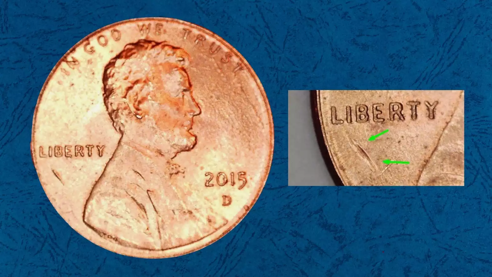 2015 penny rim cud error showing raised metal blob at the rim from die break