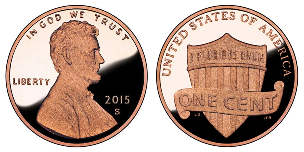2015 Lincoln cent grading strip showing four coins from worn Good through gem Mint State condition